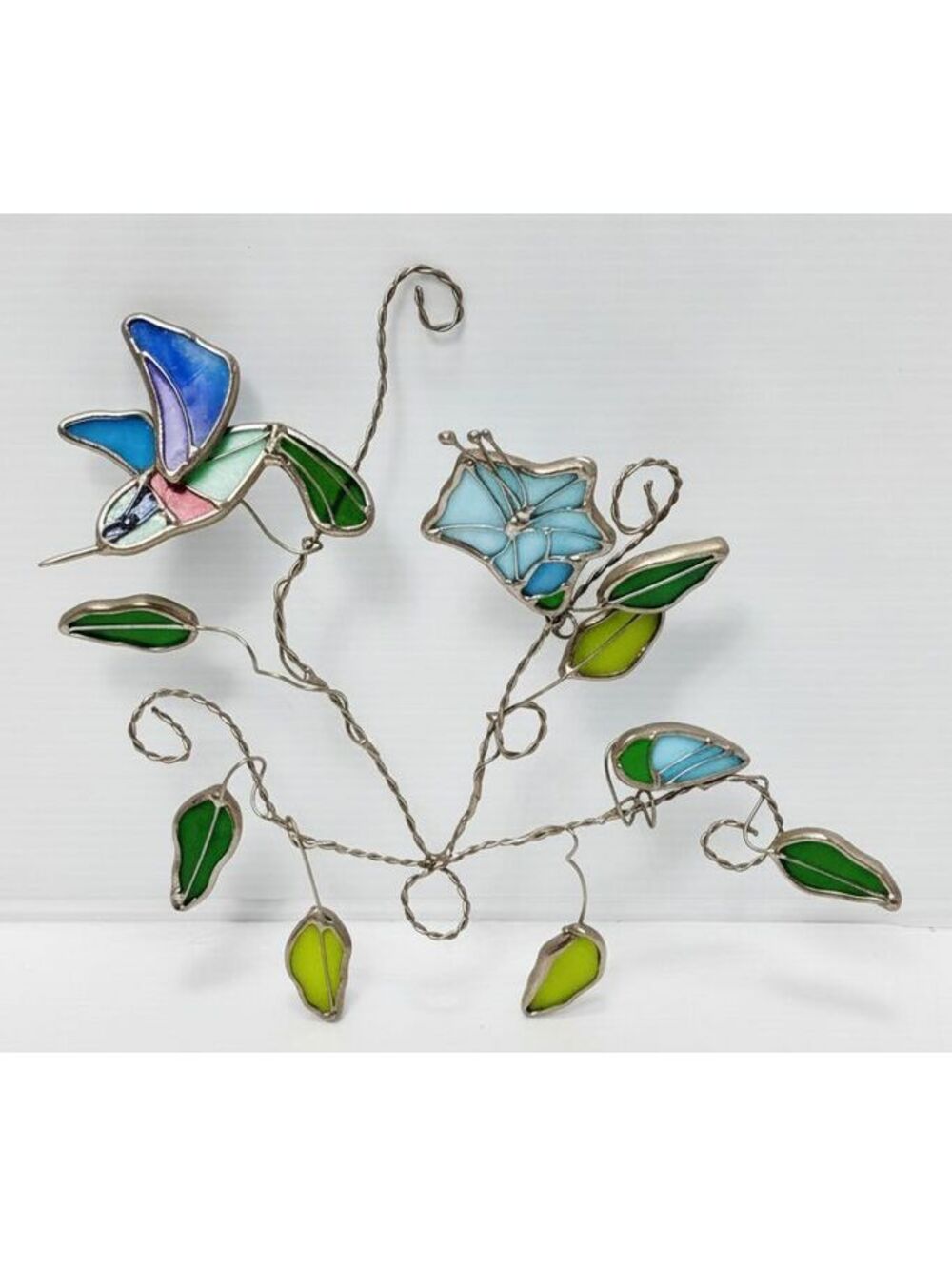 Handcrafted Stained Glass Hummingbird and Flower Wall Art with Colorful Leaves